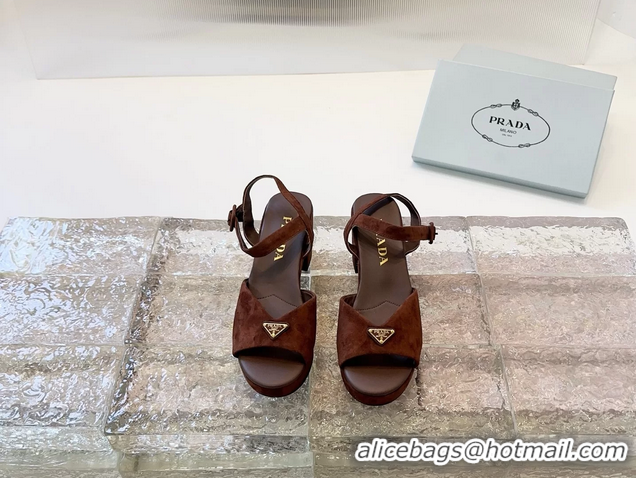 Top Quality Prada Triangle Logo Brown Suede Leather Platform Sandals 6050807 Brown
