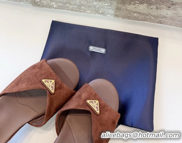 Top Quality Prada Triangle Logo Brown Suede Leather Platform Sandals 6050807 Brown