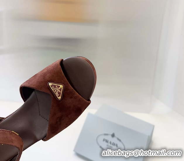 Top Quality Prada Triangle Logo Brown Suede Leather Platform Sandals 6050807 Brown