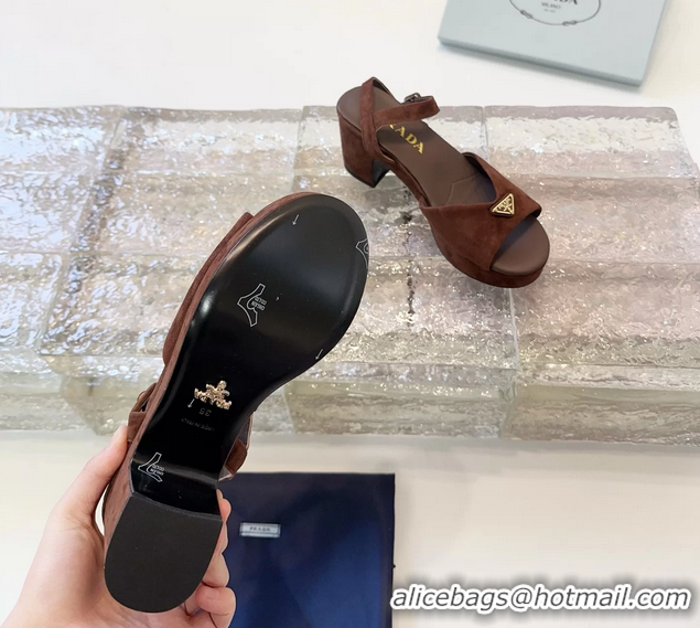 Top Quality Prada Triangle Logo Brown Suede Leather Platform Sandals 6050807 Brown