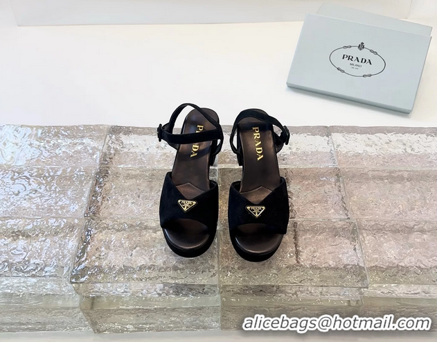 Design Cheap Prada Triangle Logo Black Suede Leather Platform Sandals 6050807 Black