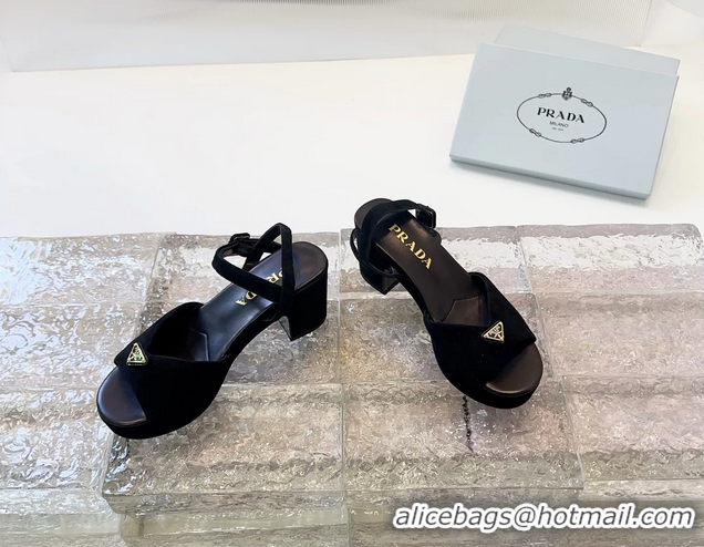 Design Cheap Prada Triangle Logo Black Suede Leather Platform Sandals 6050807 Black