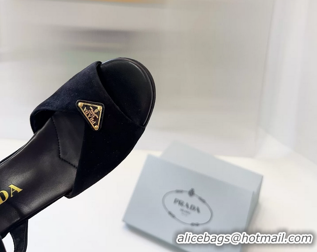 Design Cheap Prada Triangle Logo Black Suede Leather Platform Sandals 6050807 Black
