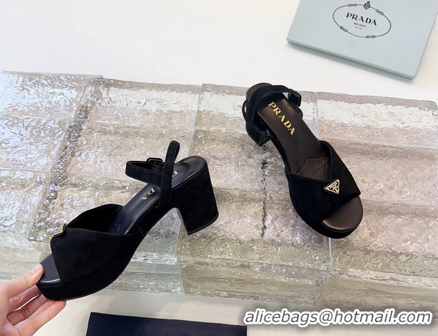 Design Cheap Prada Triangle Logo Black Suede Leather Platform Sandals 6050807 Black