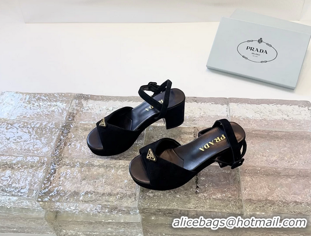 Design Cheap Prada Triangle Logo Black Suede Leather Platform Sandals 6050807 Black
