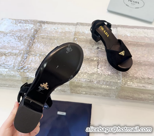 Design Cheap Prada Triangle Logo Black Suede Leather Platform Sandals 6050807 Black