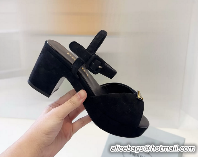Design Cheap Prada Triangle Logo Black Suede Leather Platform Sandals 6050807 Black