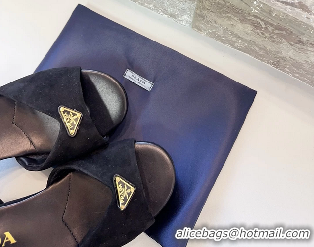 Design Cheap Prada Triangle Logo Black Suede Leather Platform Sandals 6050807 Black