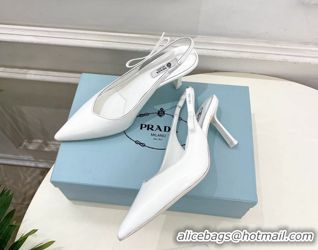 Top Quality Prada White Patent Leather Slingback Pumps 75MM 6050808 White