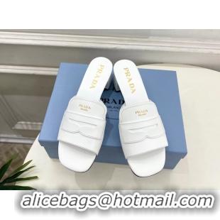 Good Product Prada White Leather Heeled Slides Sandals 45MM 6050809