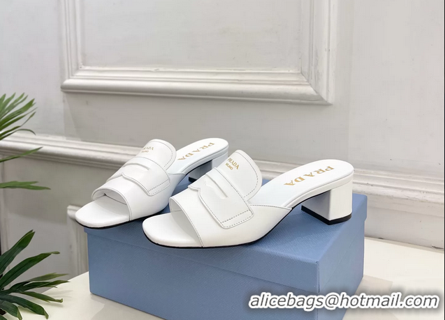 Good Product Prada White Leather Heeled Slides Sandals 45MM 6050809