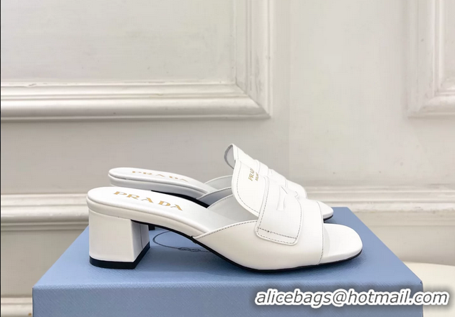 Good Product Prada White Leather Heeled Slides Sandals 45MM 6050809