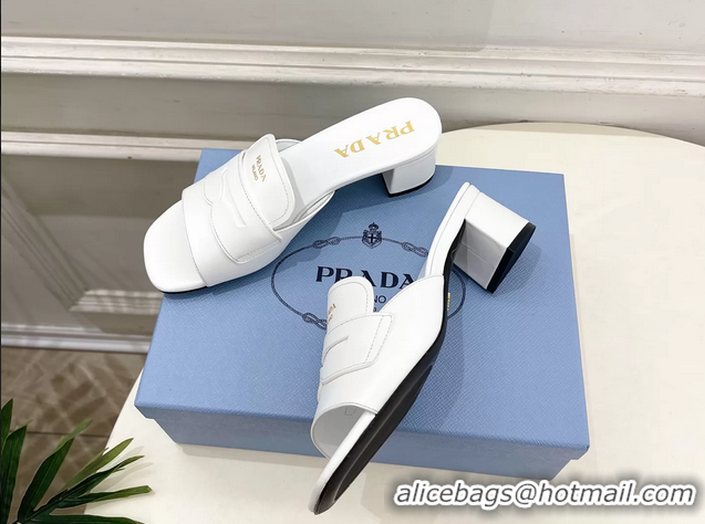 Good Product Prada White Leather Heeled Slides Sandals 45MM 6050809