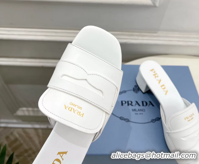 Good Product Prada White Leather Heeled Slides Sandals 45MM 6050809