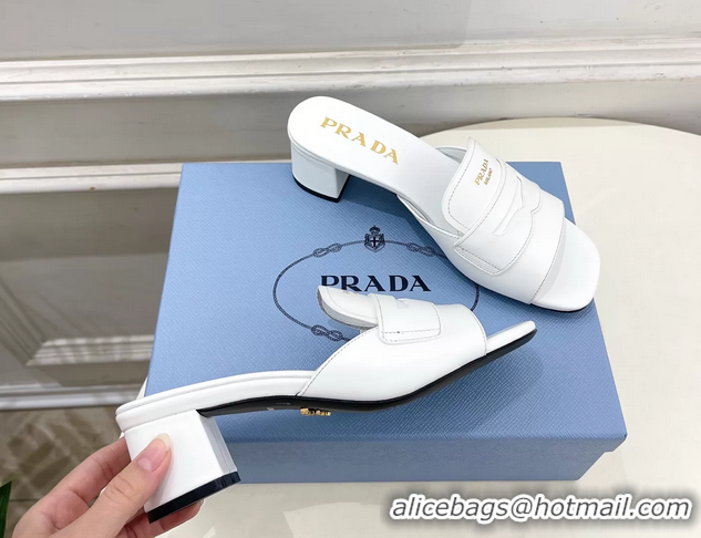 Good Product Prada White Leather Heeled Slides Sandals 45MM 6050809