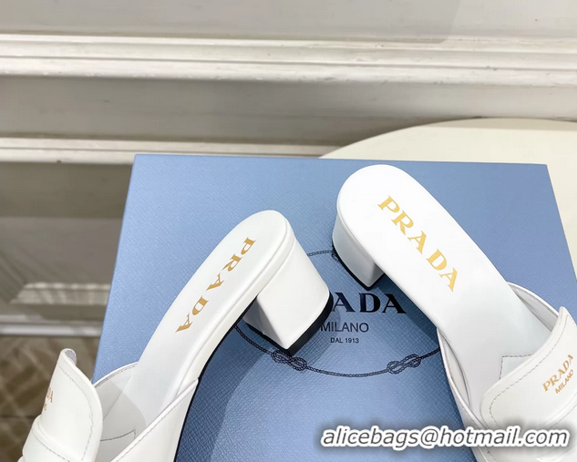 Good Product Prada White Leather Heeled Slides Sandals 45MM 6050809