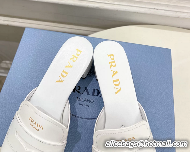 Good Product Prada White Leather Heeled Slides Sandals 45MM 6050809