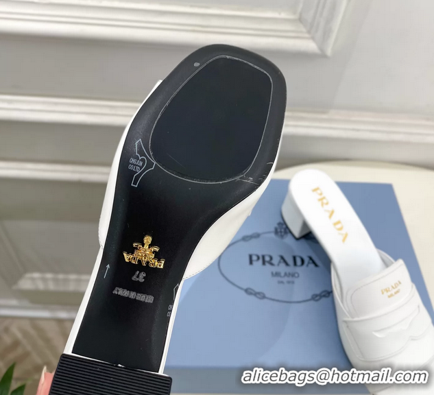 Good Product Prada White Leather Heeled Slides Sandals 45MM 6050809