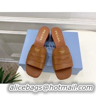 Stylish Prada Brown Leather Heeled Slides Sandals 45MM 6050809