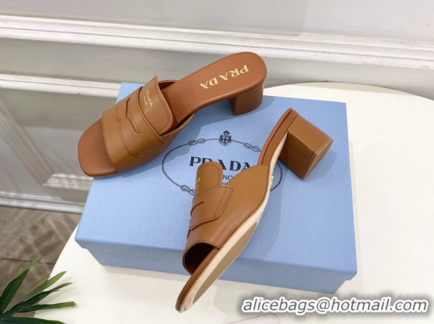 Stylish Prada Brown Leather Heeled Slides Sandals 45MM 6050809