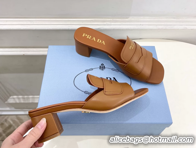 Stylish Prada Brown Leather Heeled Slides Sandals 45MM 6050809