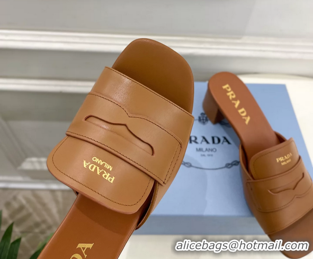 Stylish Prada Brown Leather Heeled Slides Sandals 45MM 6050809
