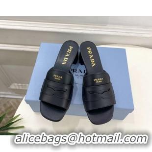 Best Price Prada Black Leather Heeled Slides Sandals 45MM 6050809