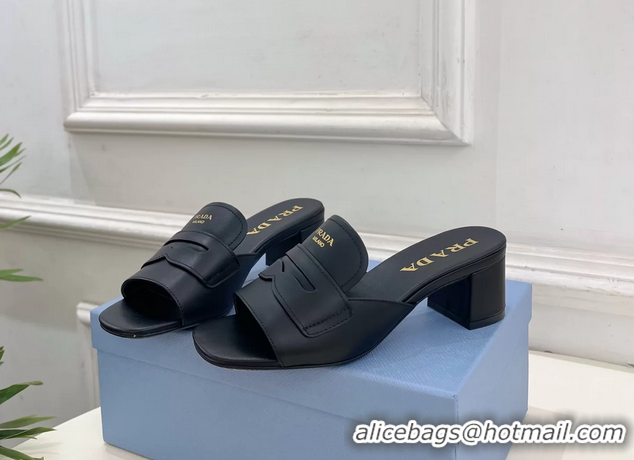 Best Price Prada Black Leather Heeled Slides Sandals 45MM 6050809