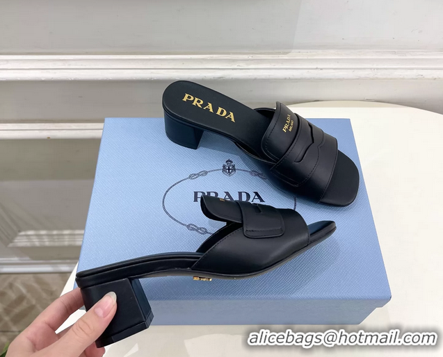 Best Price Prada Black Leather Heeled Slides Sandals 45MM 6050809
