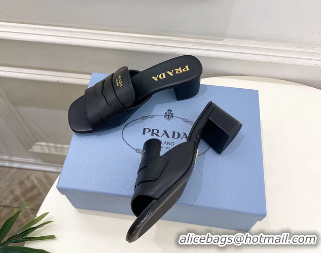 Best Price Prada Black Leather Heeled Slides Sandals 45MM 6050809