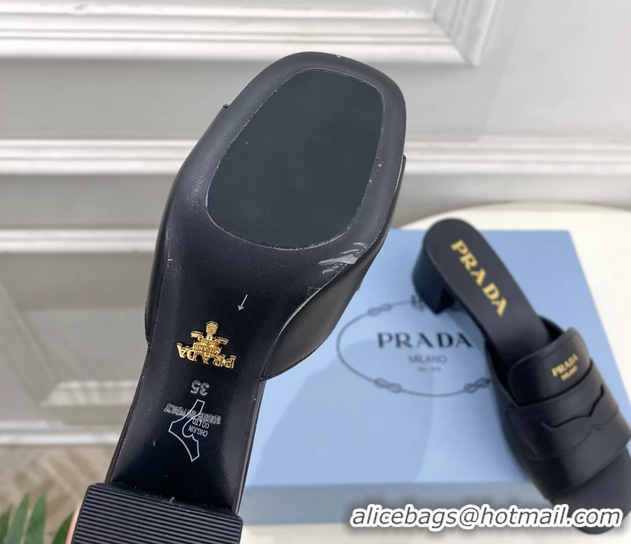 Best Price Prada Black Leather Heeled Slides Sandals 45MM 6050809