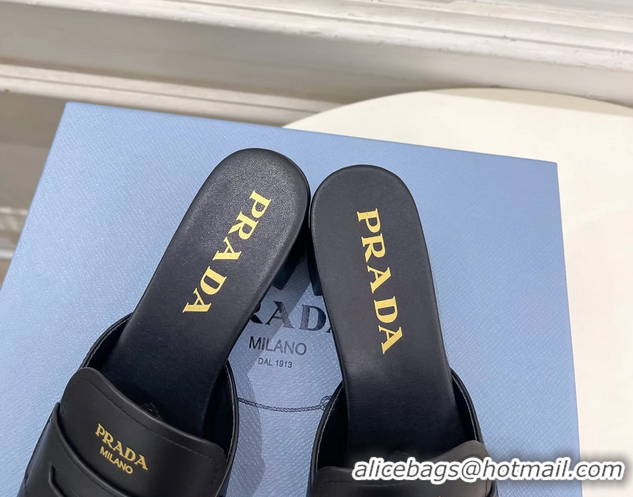 Best Price Prada Black Leather Heeled Slides Sandals 45MM 6050809