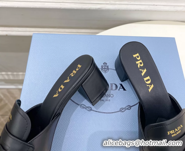Best Price Prada Black Leather Heeled Slides Sandals 45MM 6050809