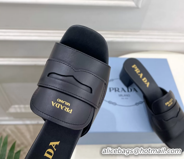 Best Price Prada Black Leather Heeled Slides Sandals 45MM 6050809