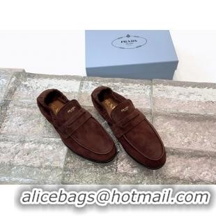 Buy Duplicate Prada Logo Print Shuffile Antiqued Suede Leather Loafers Dark Brown Shoes 6050810