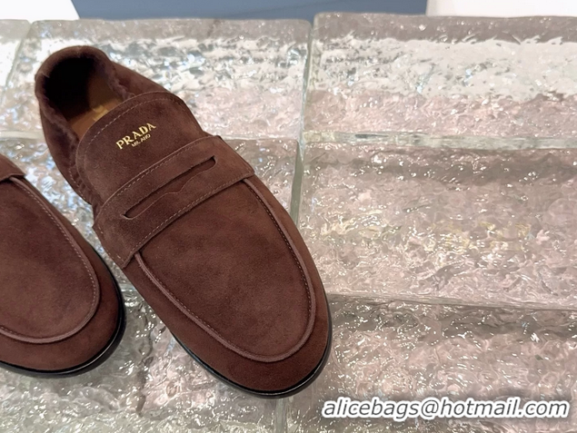 Buy Duplicate Prada Logo Print Shuffile Antiqued Suede Leather Loafers Dark Brown Shoes 6050810