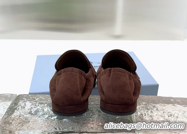 Buy Duplicate Prada Logo Print Shuffile Antiqued Suede Leather Loafers Dark Brown Shoes 6050810