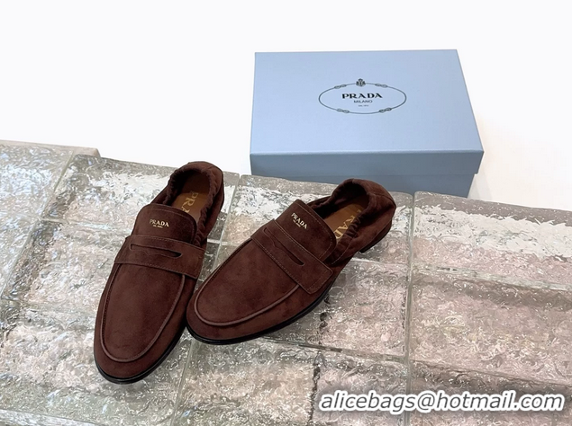 Buy Duplicate Prada Logo Print Shuffile Antiqued Suede Leather Loafers Dark Brown Shoes 6050810