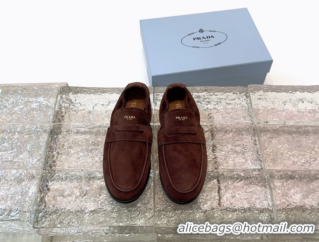 Buy Duplicate Prada Logo Print Shuffile Antiqued Suede Leather Loafers Dark Brown Shoes 6050810