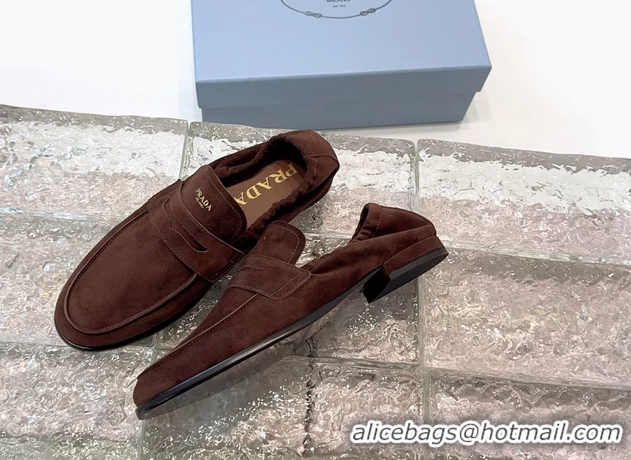 Buy Duplicate Prada Logo Print Shuffile Antiqued Suede Leather Loafers Dark Brown Shoes 6050810