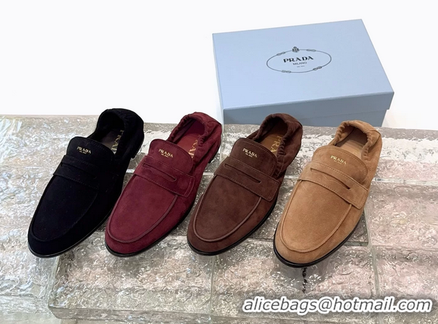 Buy Duplicate Prada Logo Print Shuffile Antiqued Suede Leather Loafers Dark Brown Shoes 6050810