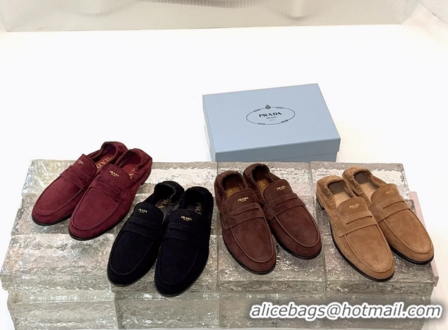 Buy Duplicate Prada Logo Print Shuffile Antiqued Suede Leather Loafers Dark Brown Shoes 6050810