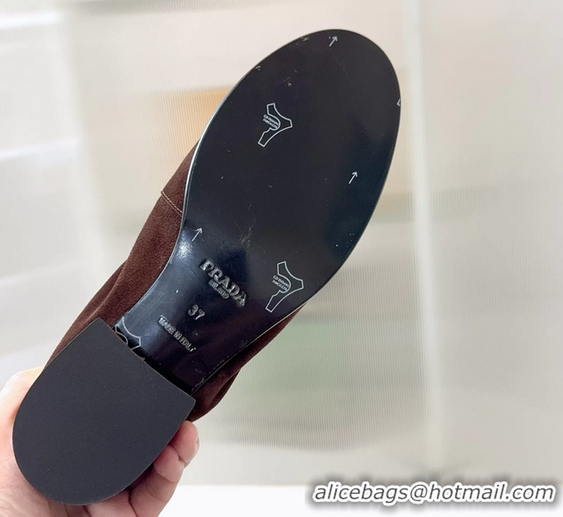Buy Duplicate Prada Logo Print Shuffile Antiqued Suede Leather Loafers Dark Brown Shoes 6050810
