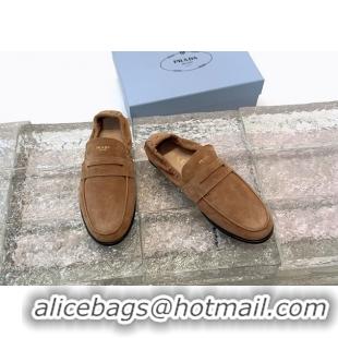 New Style Prada Logo Print Shuffile Antiqued Suede Leather Loafers Brown Shoes 6050810 Brown