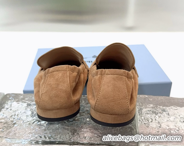 New Style Prada Logo Print Shuffile Antiqued Suede Leather Loafers Brown Shoes 6050810 Brown