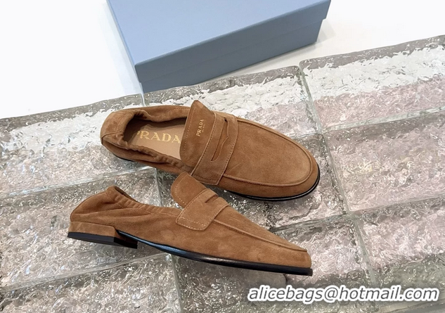 New Style Prada Logo Print Shuffile Antiqued Suede Leather Loafers Brown Shoes 6050810 Brown