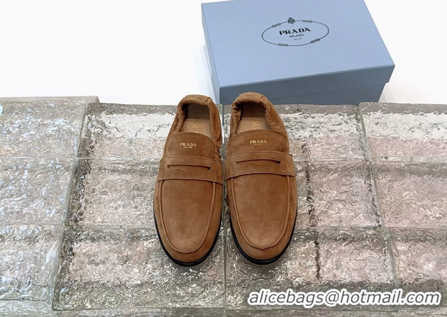 New Style Prada Logo Print Shuffile Antiqued Suede Leather Loafers Brown Shoes 6050810 Brown