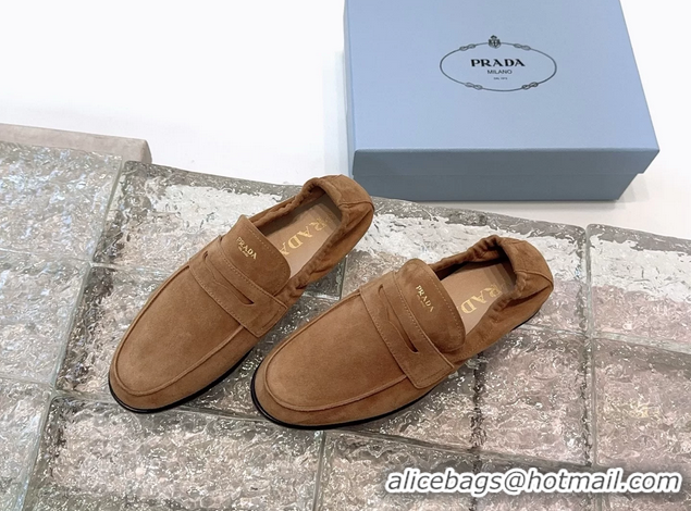 New Style Prada Logo Print Shuffile Antiqued Suede Leather Loafers Brown Shoes 6050810 Brown