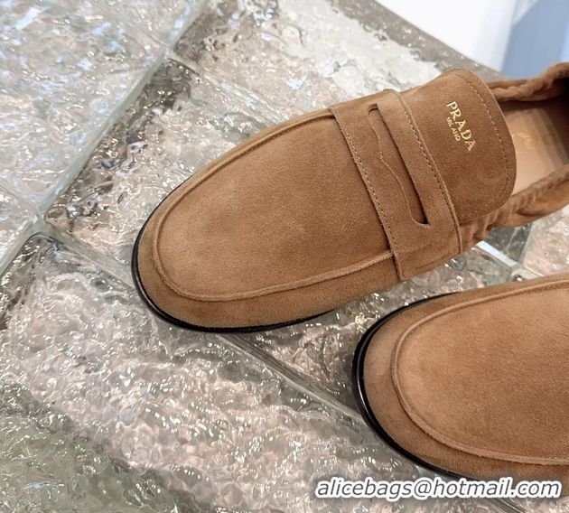 New Style Prada Logo Print Shuffile Antiqued Suede Leather Loafers Brown Shoes 6050810 Brown
