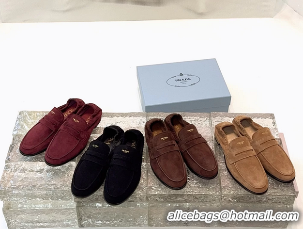 New Style Prada Logo Print Shuffile Antiqued Suede Leather Loafers Brown Shoes 6050810 Brown